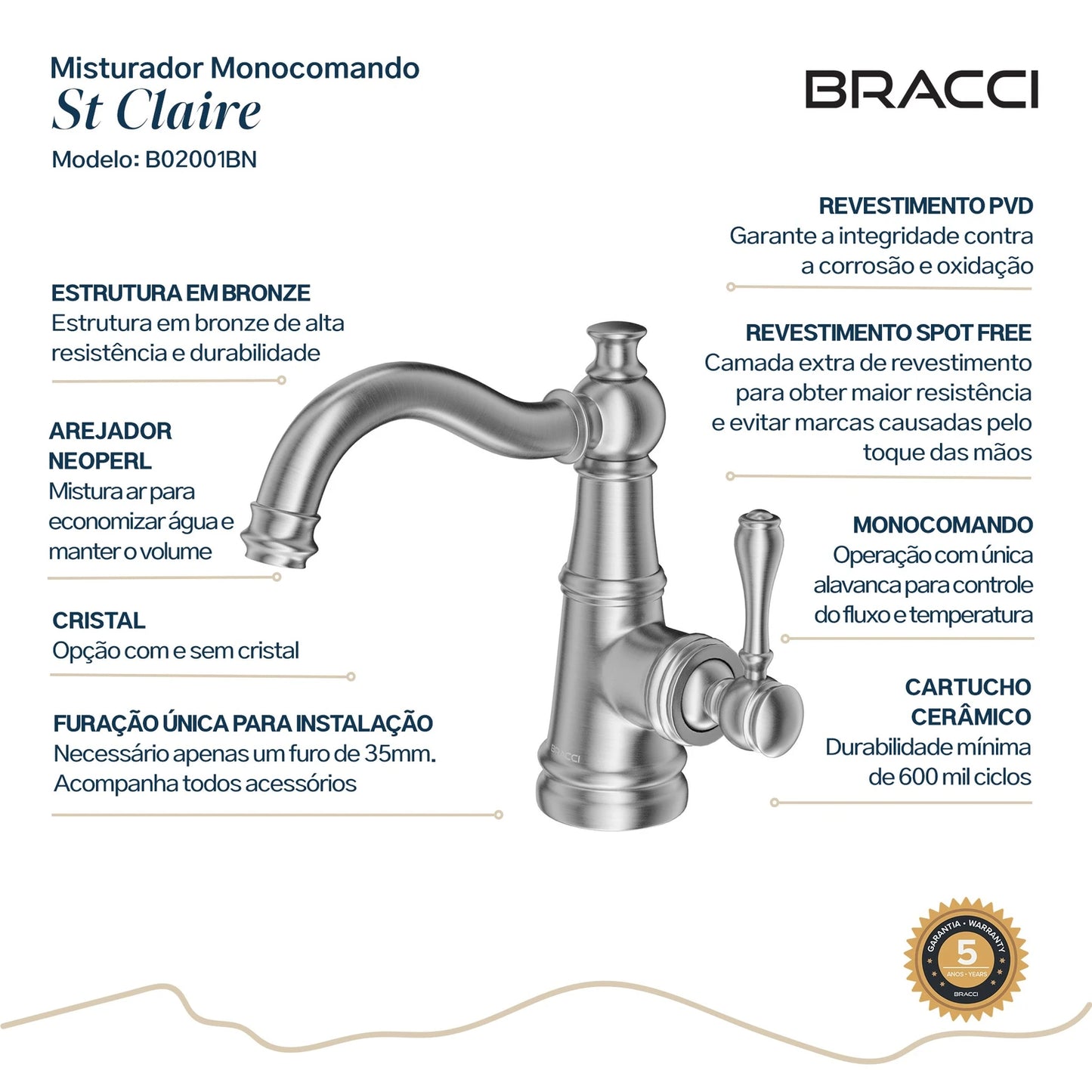 TORNEIRA MONOCOMANDO Q/F ST CLAIRE AÇO ESCOVADO