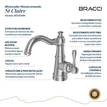 TORNEIRA MONOCOMANDO Q/F ST CLAIRE AÇO ESCOVADO