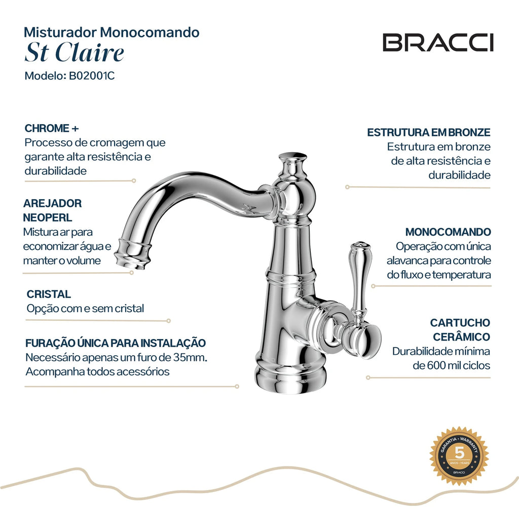 TORNEIRA MONOCOMANDO Q/F ST CLAIRE CROMADO