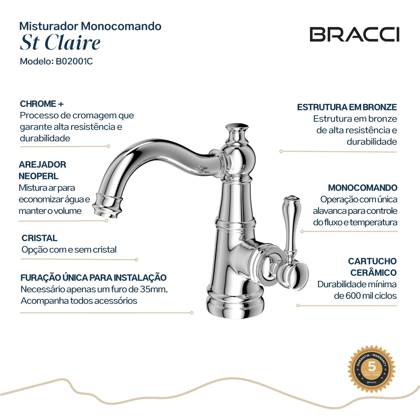 TORNEIRA MONOCOMANDO Q/F ST CLAIRE CROMADO