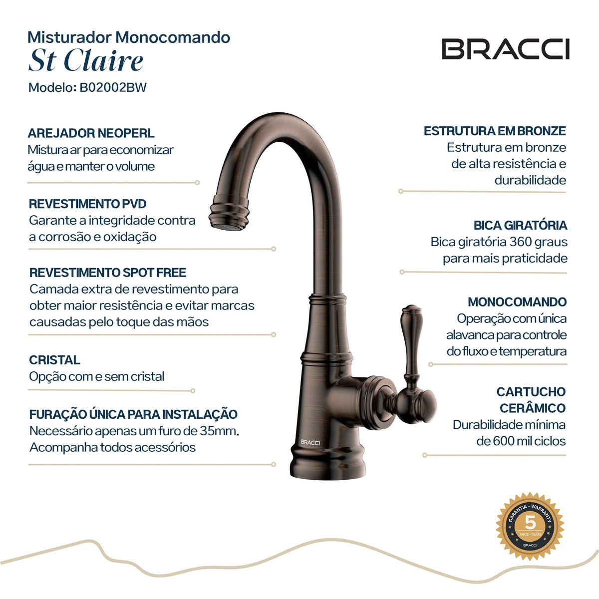 TORNEIRA MONOCOMANDO Q/F ST CLAIRE BRONZE ESCOVADO