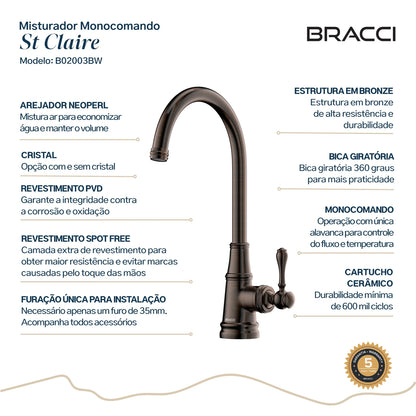 TORNEIRA MONOCOMANDO Q/F ST CLAIRE BRONZE ESCOVADO