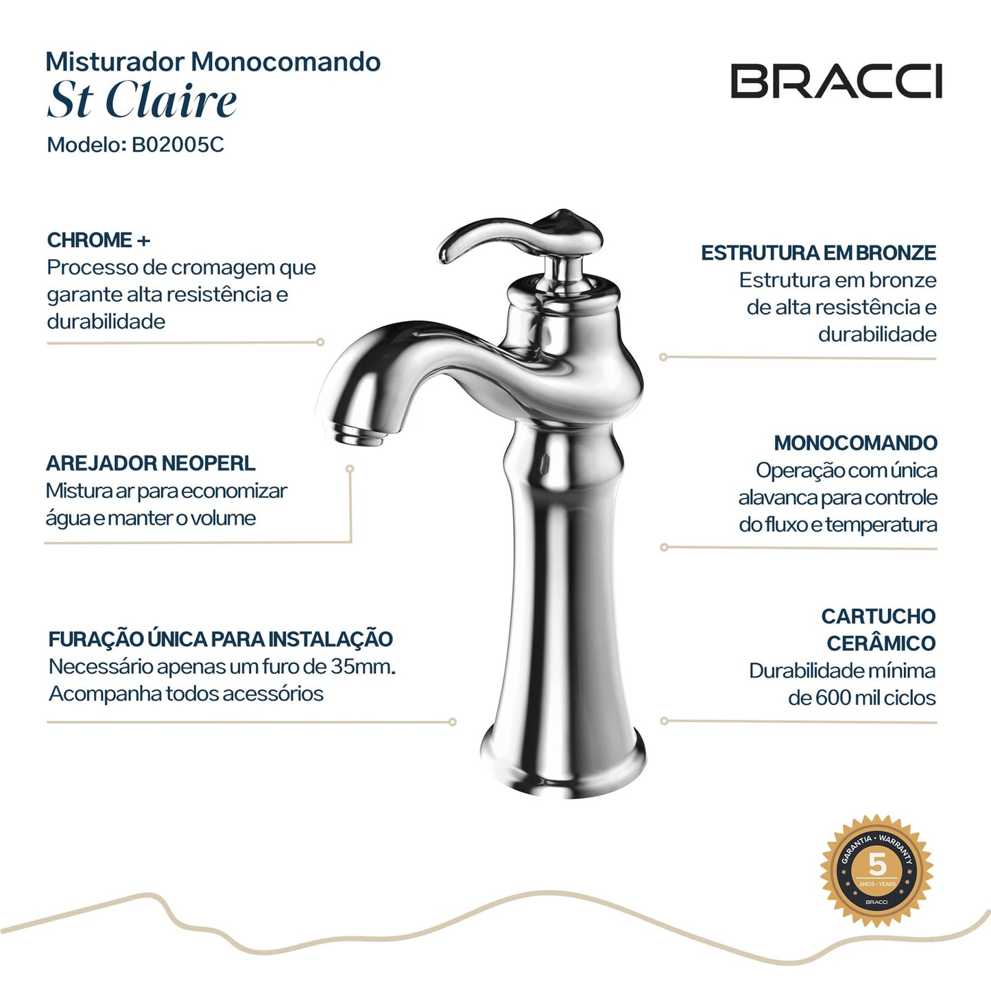 TORNEIRA MONOCOMANDO Q/F ST CLAIRE CROMADO