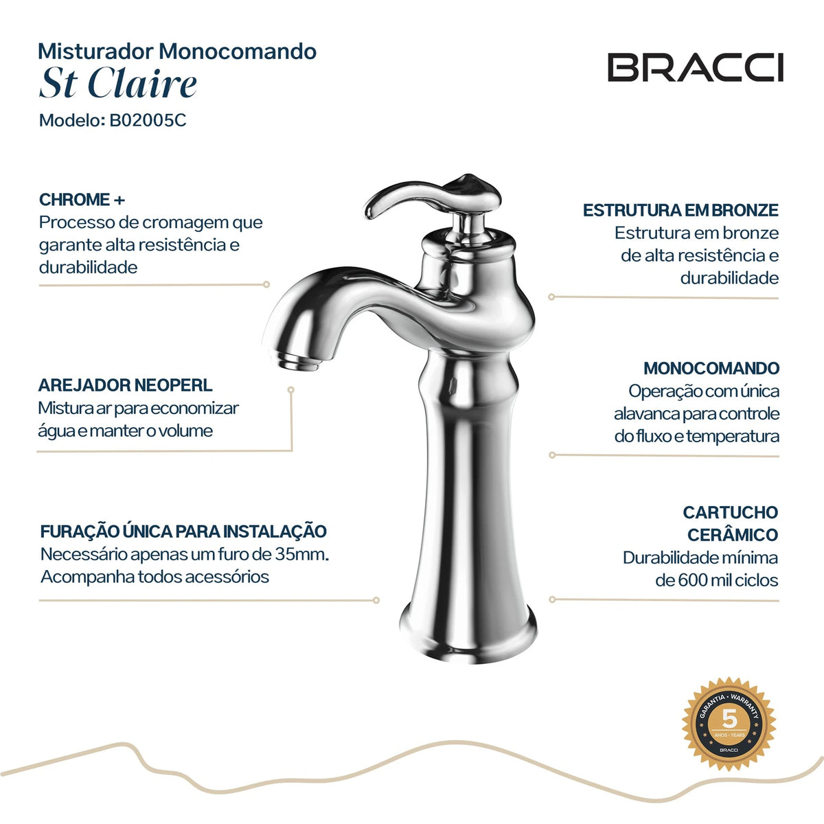 TORNEIRA MONOCOMANDO Q/F ST CLAIRE CROMADO