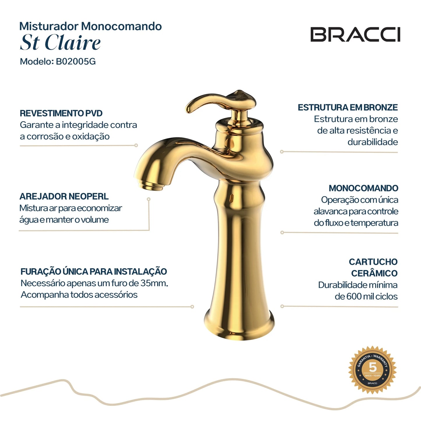 TORNEIRA MONOCOMANDO Q/F ST CLAIRE DOURADO