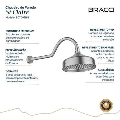 CHUVEIRO DE PAREDE AÇO ESCOVADO