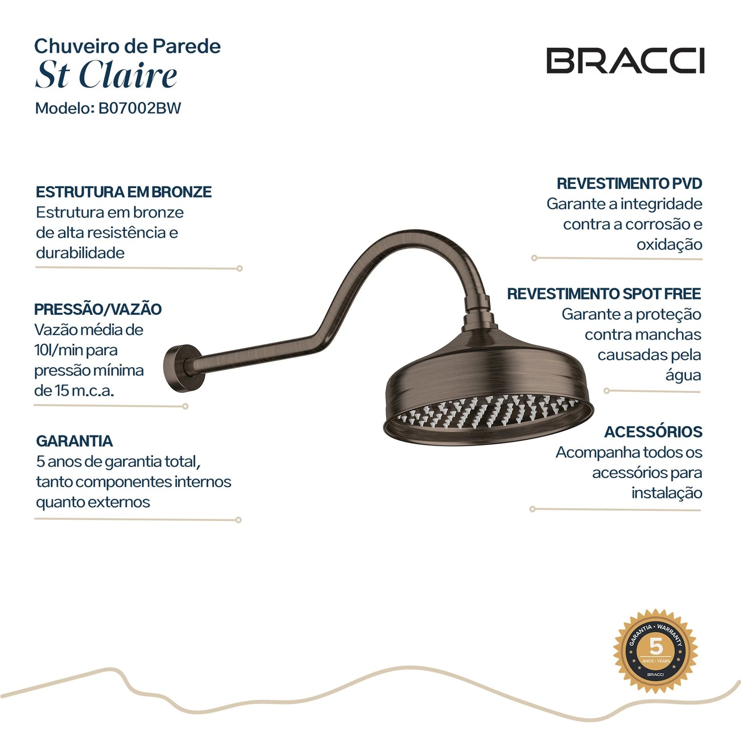 CHUVEIRO DE PAREDE BRONZE ESCOVADO