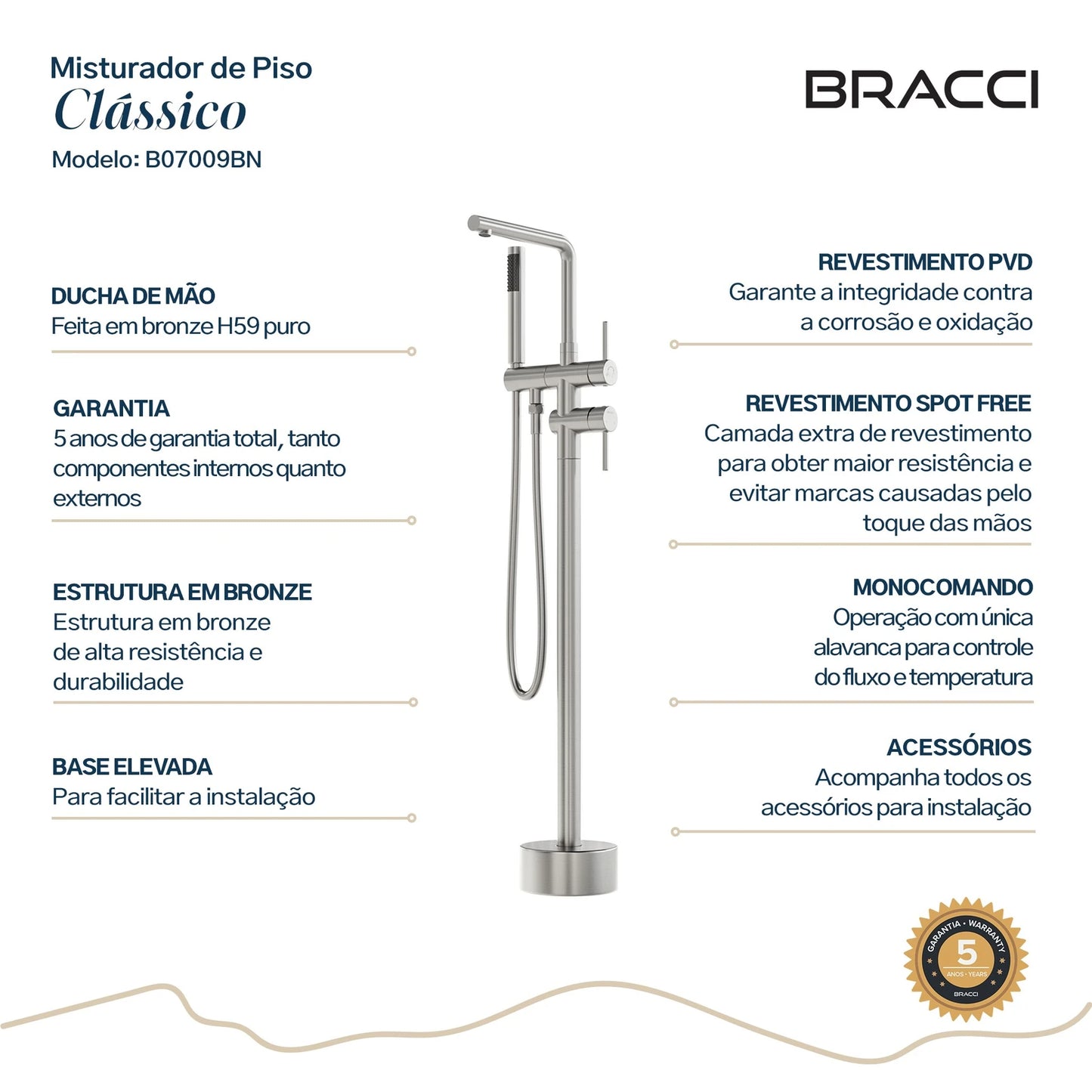 TORNEIRA MONOCOMANDO Q/F PARA BANHEIRAS AÇO ESCOVADO