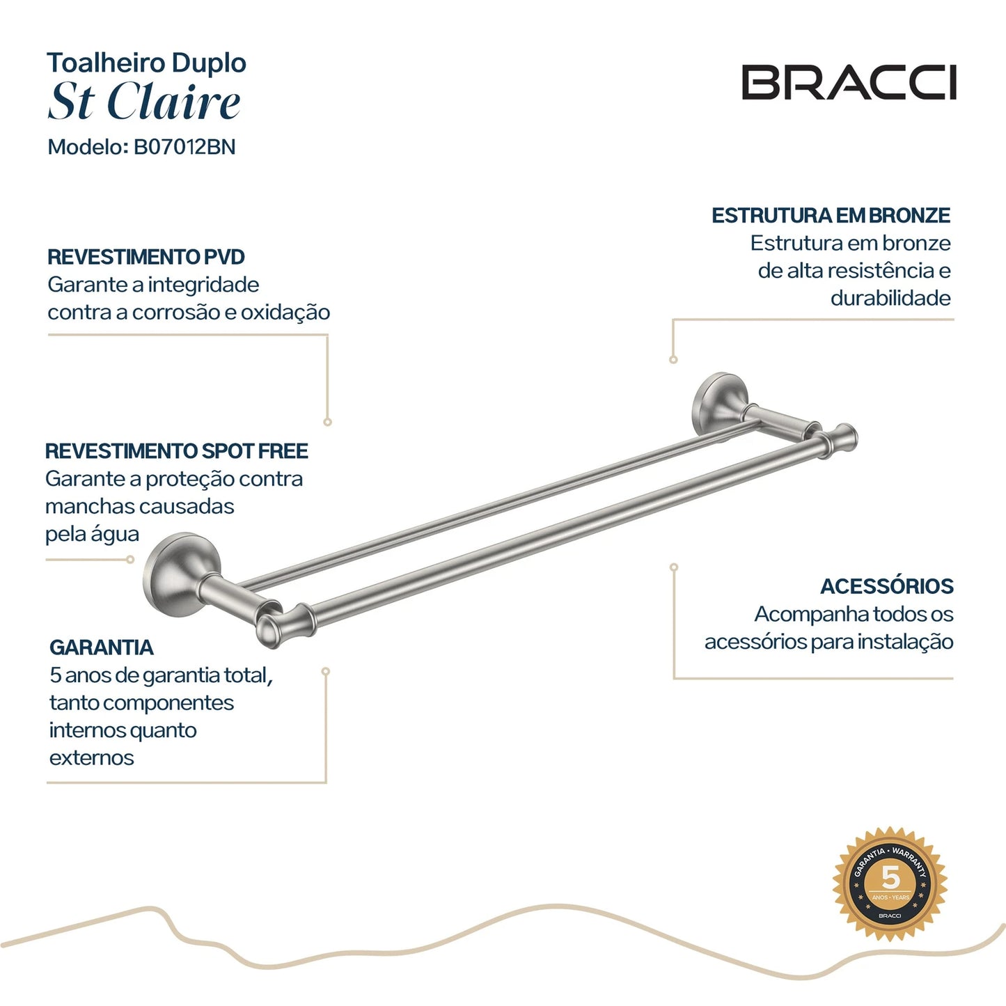 TOALHEIRO DUPLO ST CLAIRE AÇO ESCOVADO