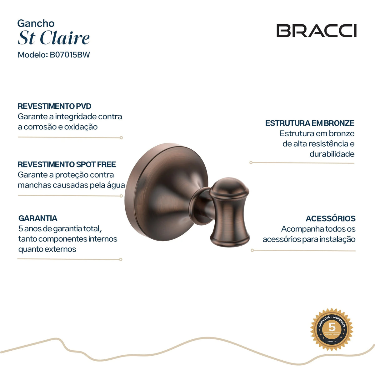 GANCHO SIMPLES ST CLAIRE BRONZE ESCOVADO