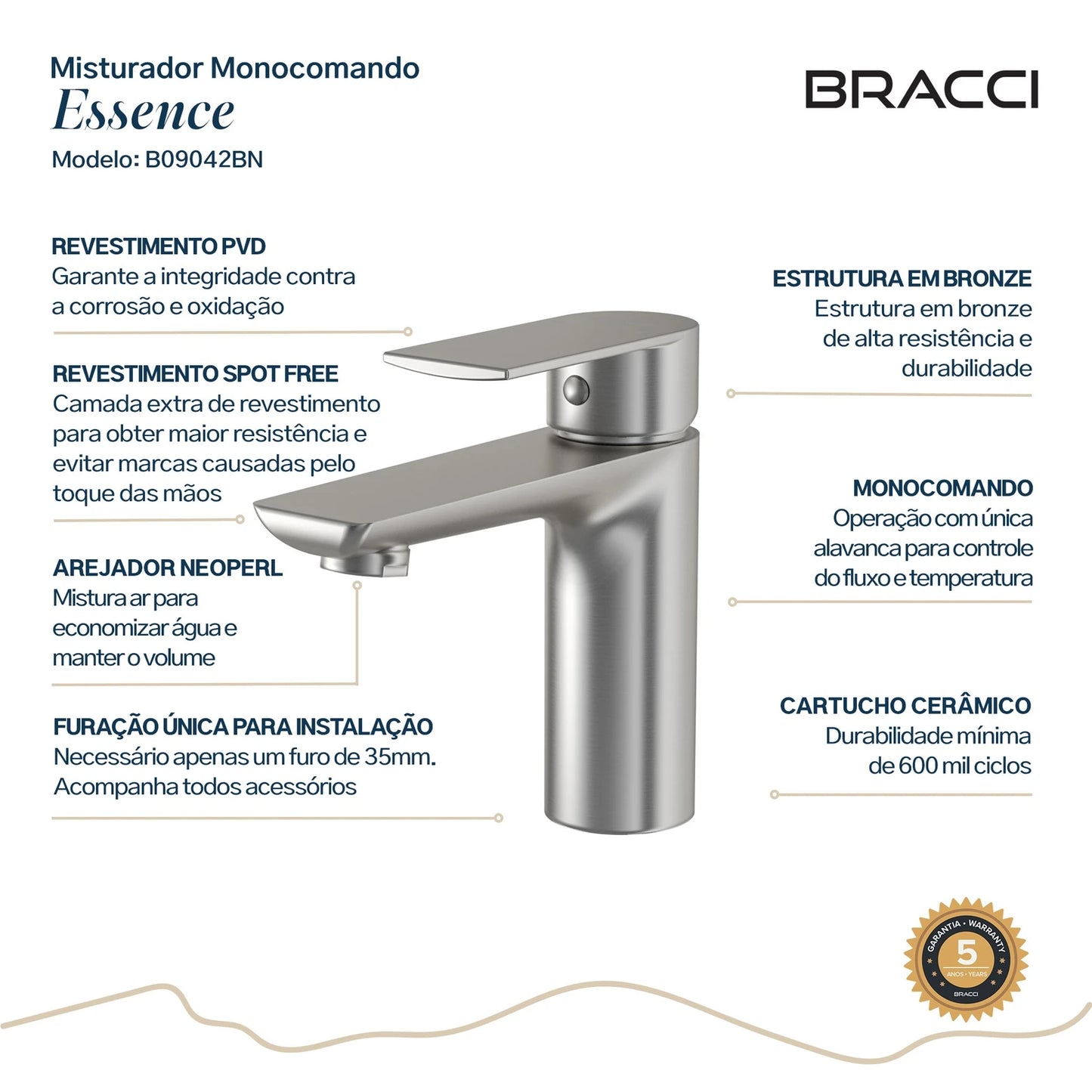 TORNEIRA MONOCOMANDO Q/F ESSENCE BAIXO AÇO ESCOVADO