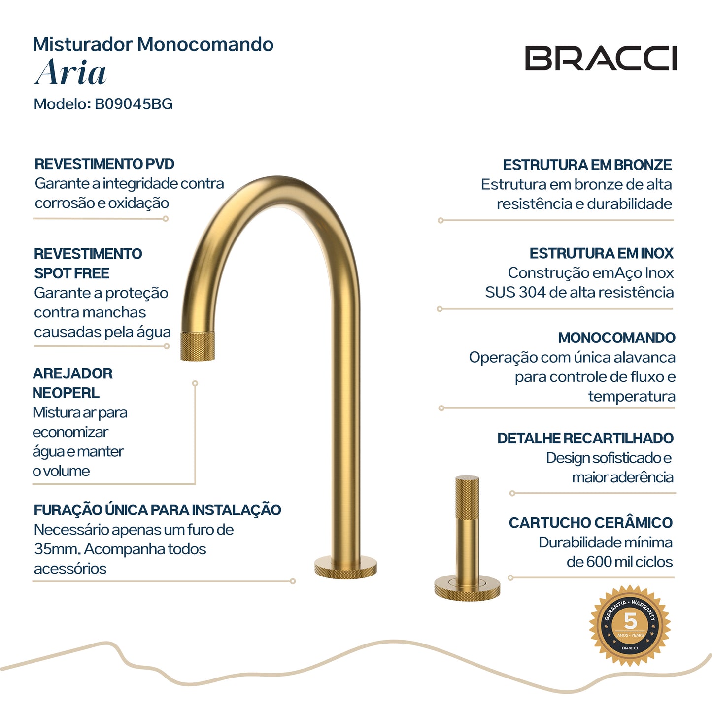 TORNEIRA MONOCOMANDO Q/F ARIA DOURADO ESCOVADO