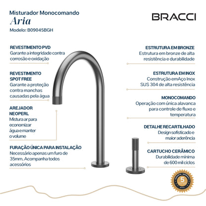 TORNEIRA MONOCOMANDO Q/F ARIA GRAFITE ESCOVADO