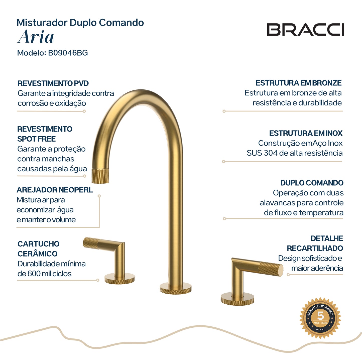 TORNEIRA DUPLO COMANDO Q/F ARIA DOURADO ESCOVADO