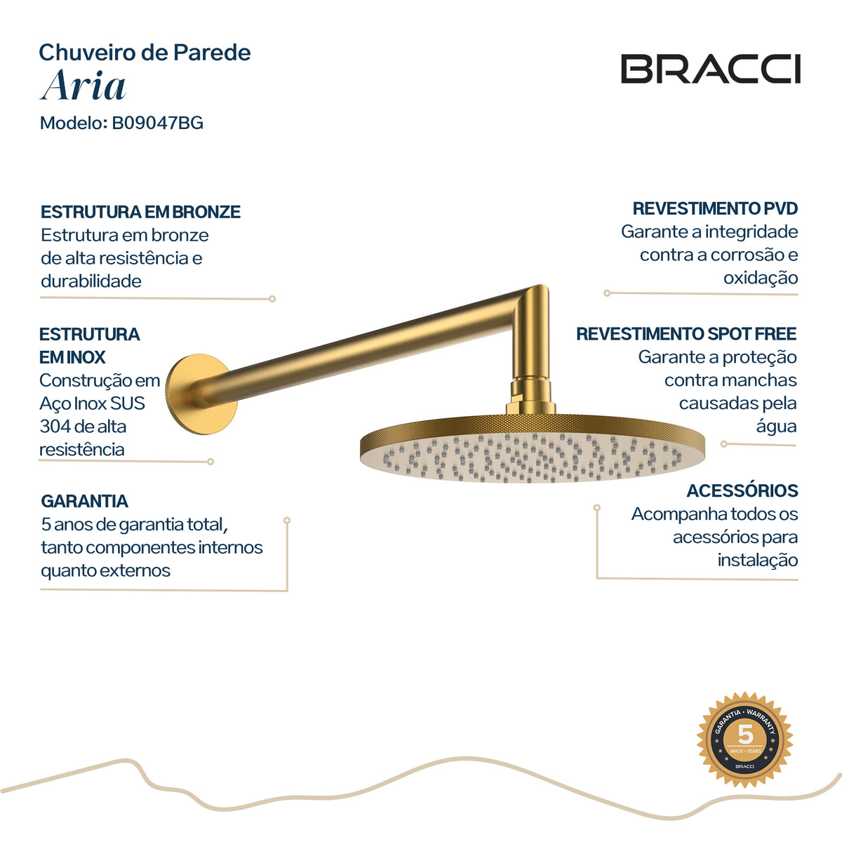 CHUVEIRO DE PAREDE ARIA DOURADO ESCOVADO