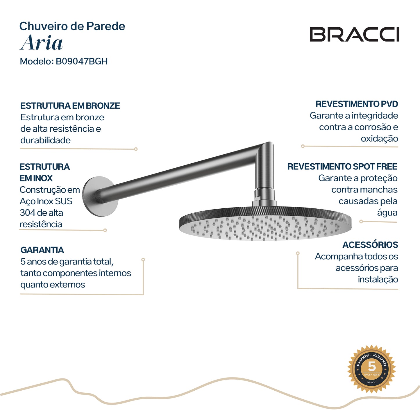 CHUVEIRO DE PAREDE ARIA GRAFITE ESCOVADO