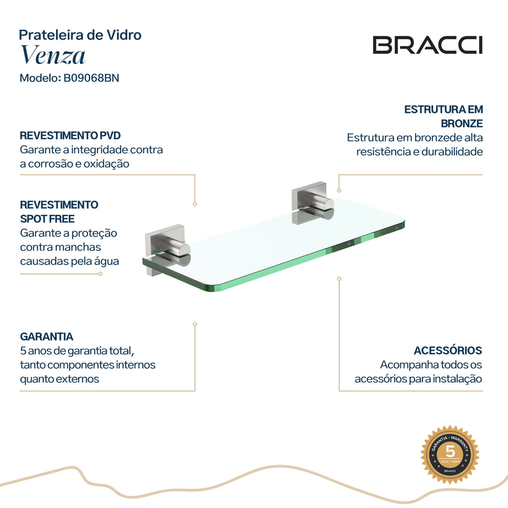 PRATELEIRA VIDRO VENZA AÇO ESCOVADO 30CM