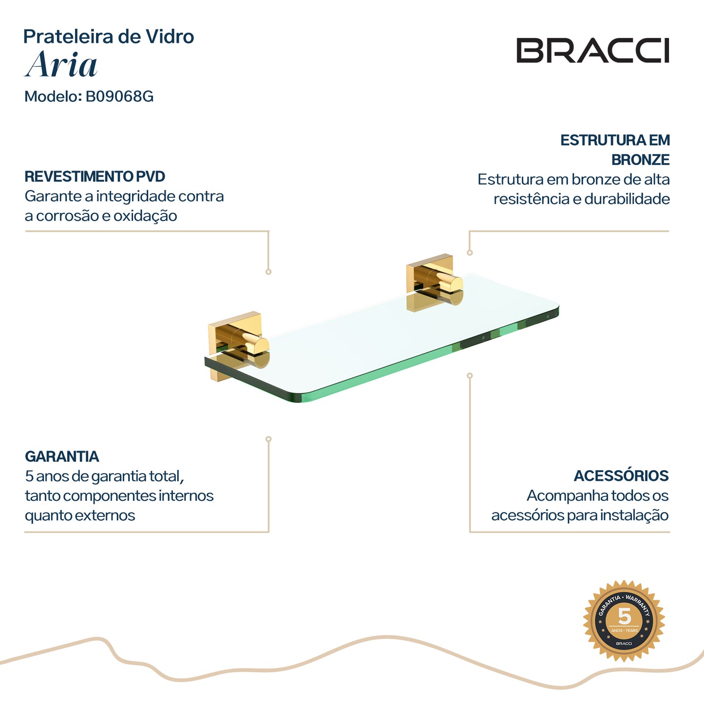 PRATELEIRA VIDRO VERCCI DOURADO 30CM