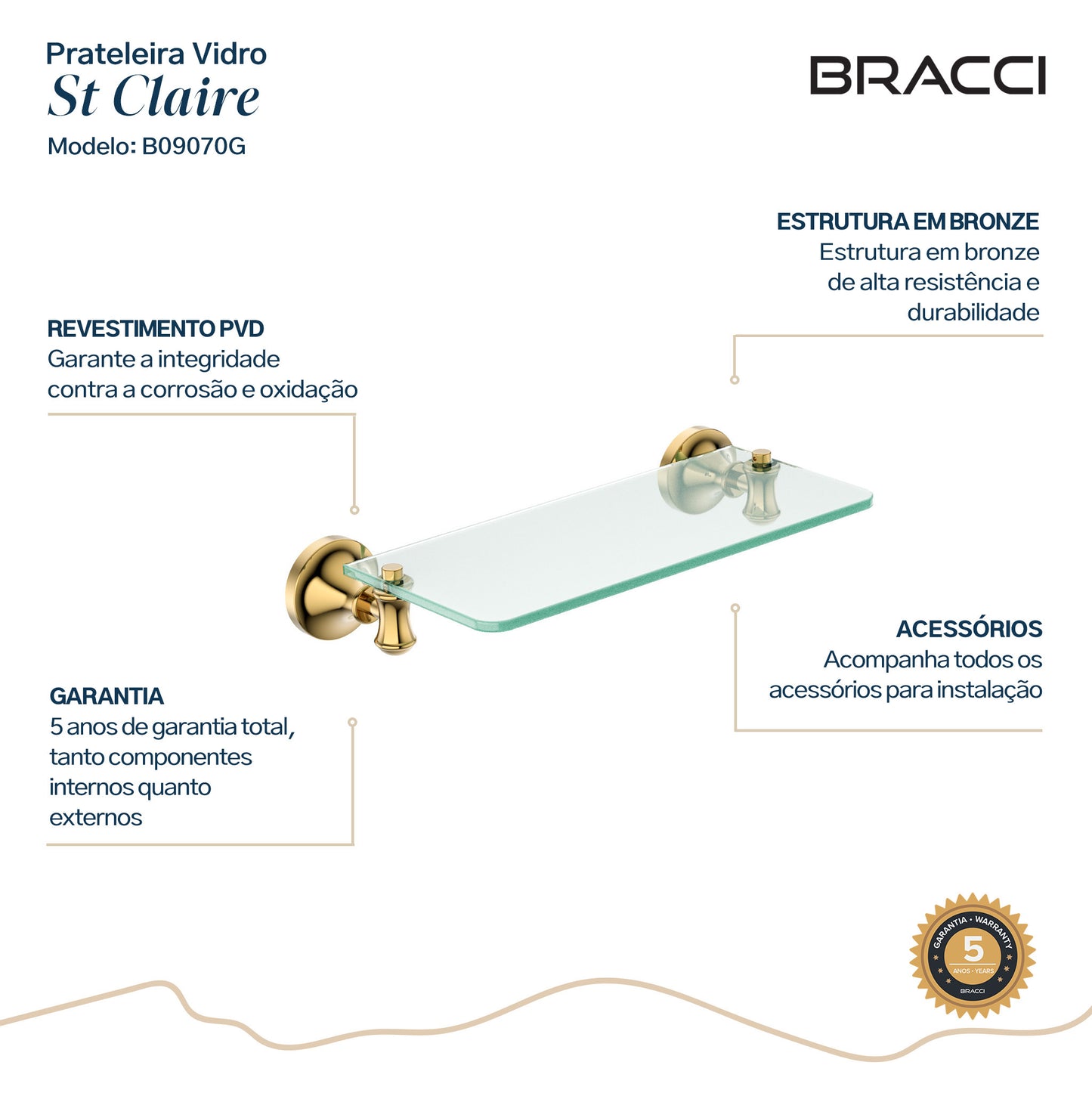 PRATELEIRA VIDRO ST CLAIRE DOURADO 30CM