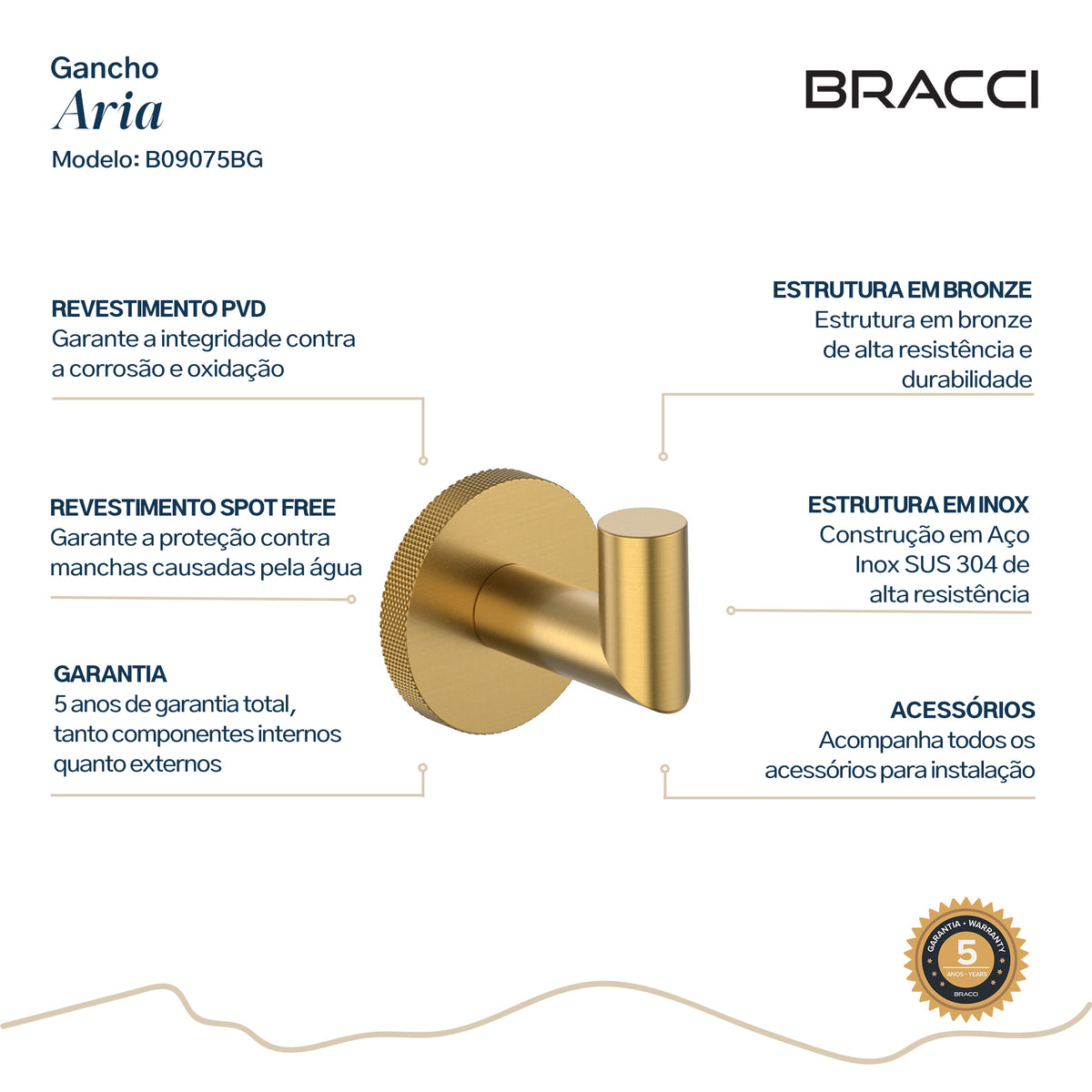 GANCHO SIMPLES ARIA DOURADO ESCOVADO
