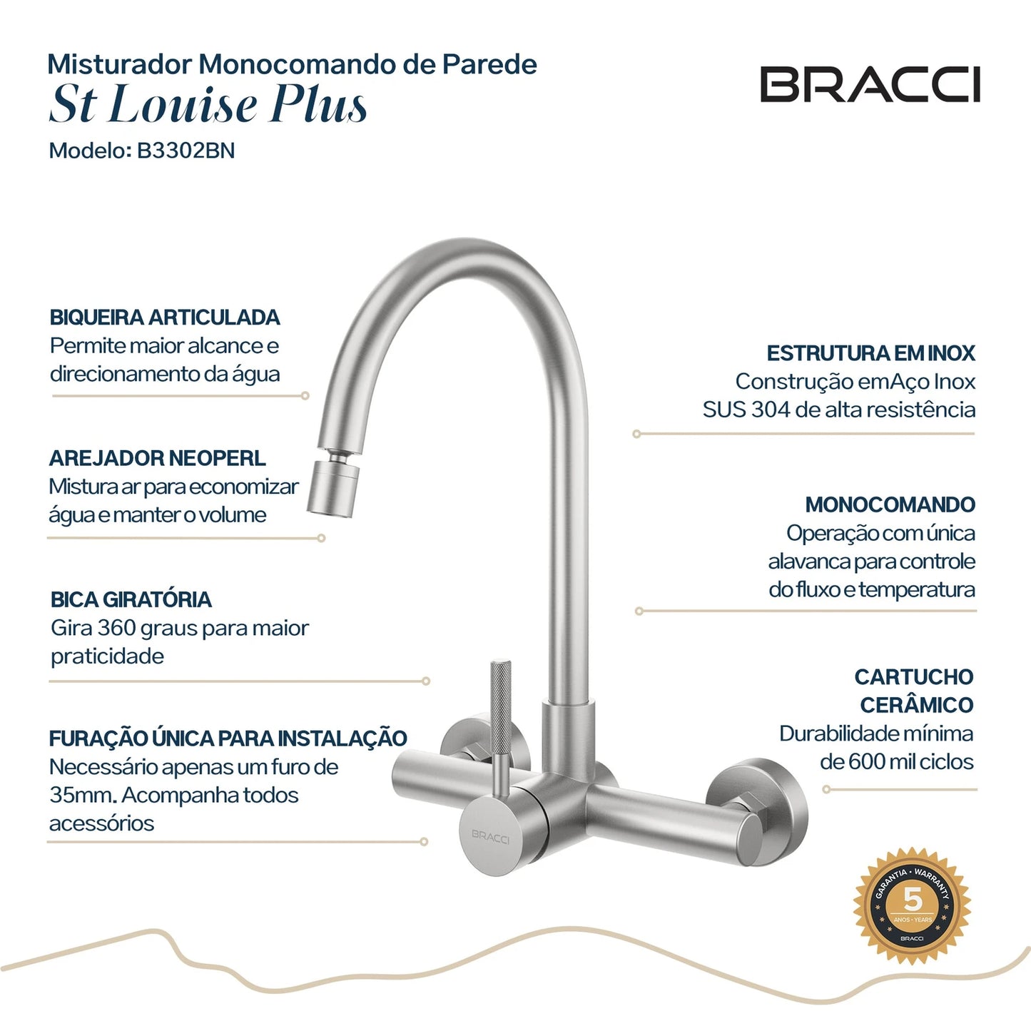 TORNEIRA MONOCOMANDO Q/F DE PAREDE ST LOUISE PLUS AÇO ESCOVADO