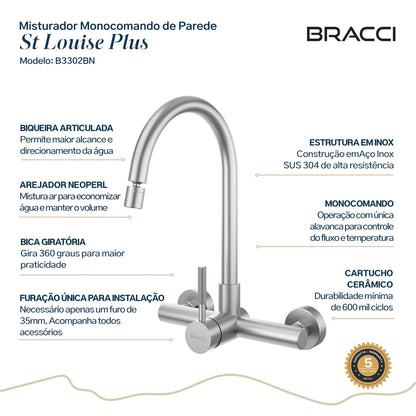 TORNEIRA MONOCOMANDO Q/F DE PAREDE ST LOUISE PLUS AÇO ESCOVADO