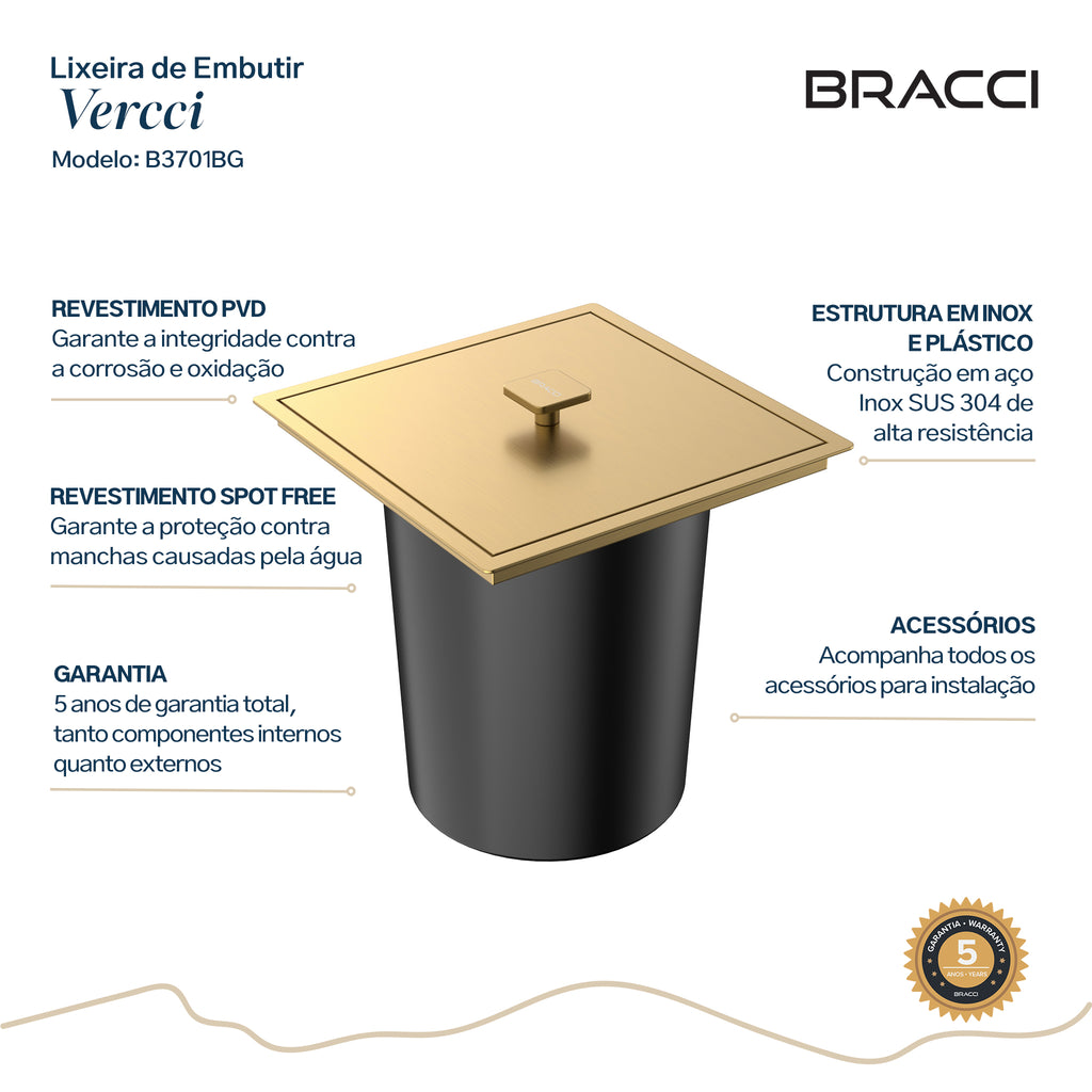 LIXEIRA DE BANCADA DE EMBUTIR DOURADO ESCOVADO