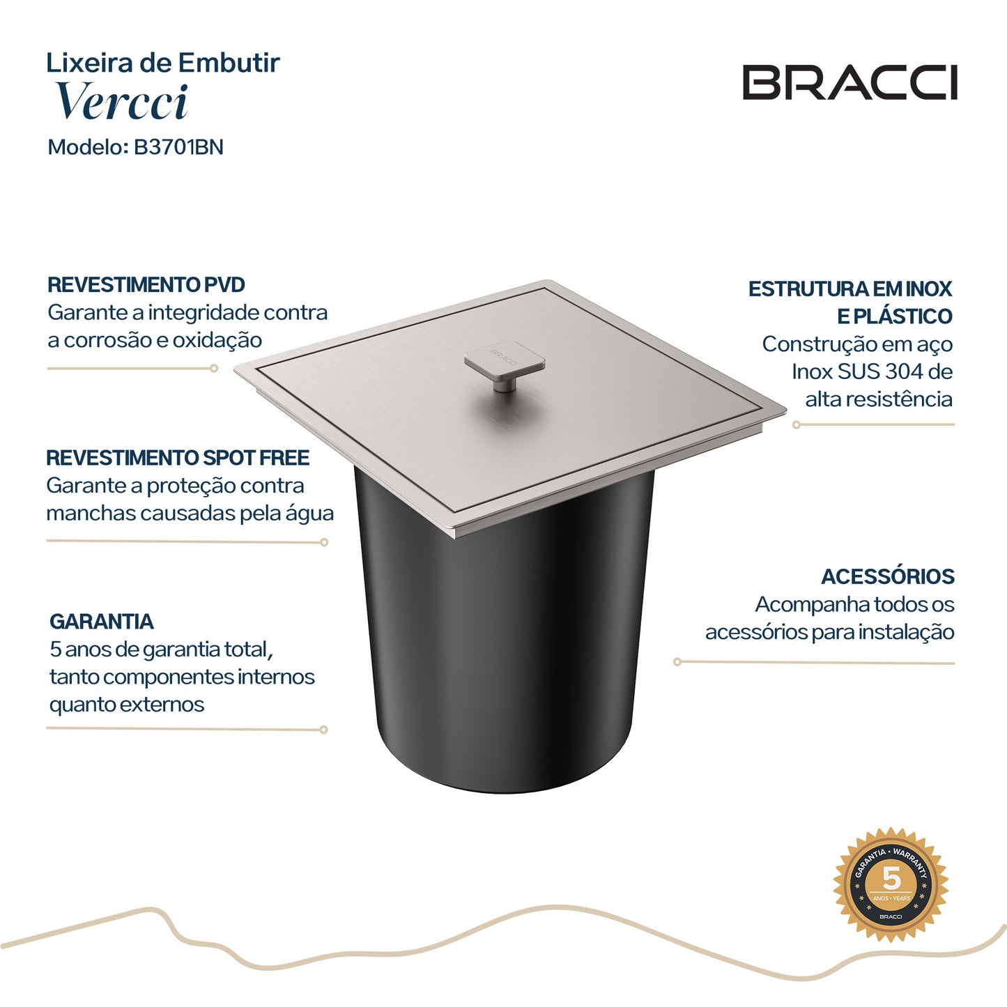 LIXEIRA DE BANCADA DE EMBUTIR AÇO ESCOVADO