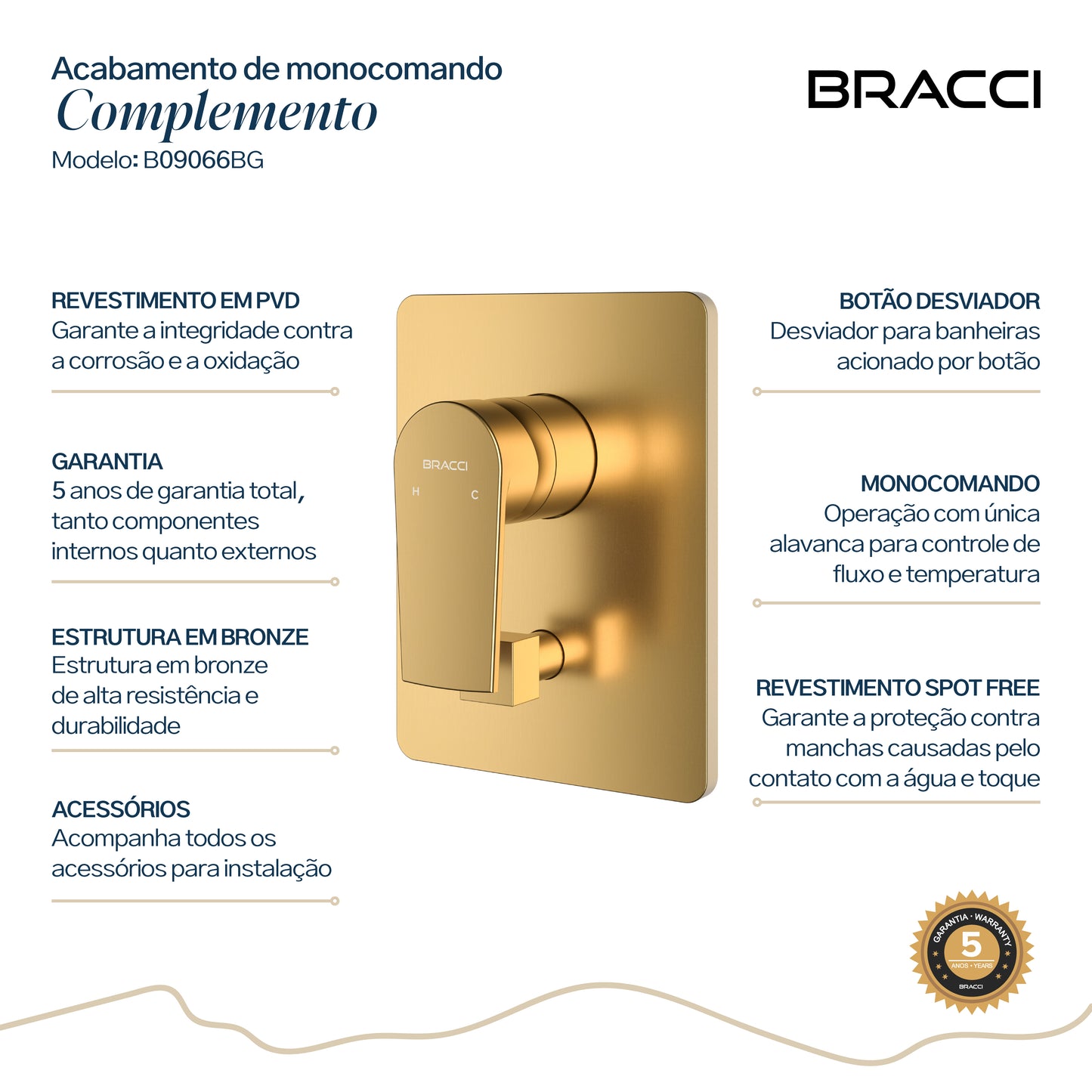 ACABAMENTO MONOCOMANDO CHUVEIRO COM DESVIADOR DOURADO ESCOVADO