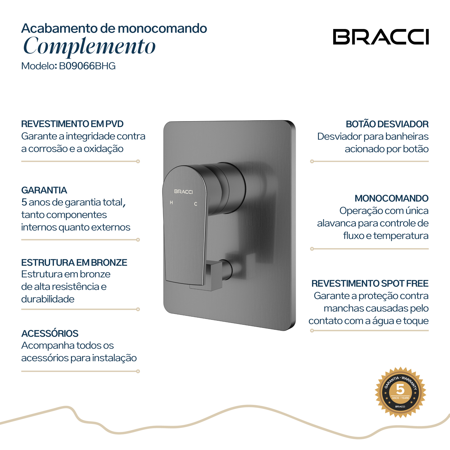 ACABAMENTO MONOCOMANDO CHUVEIRO COM DESVIADOR GRAFITE ESCOVADO