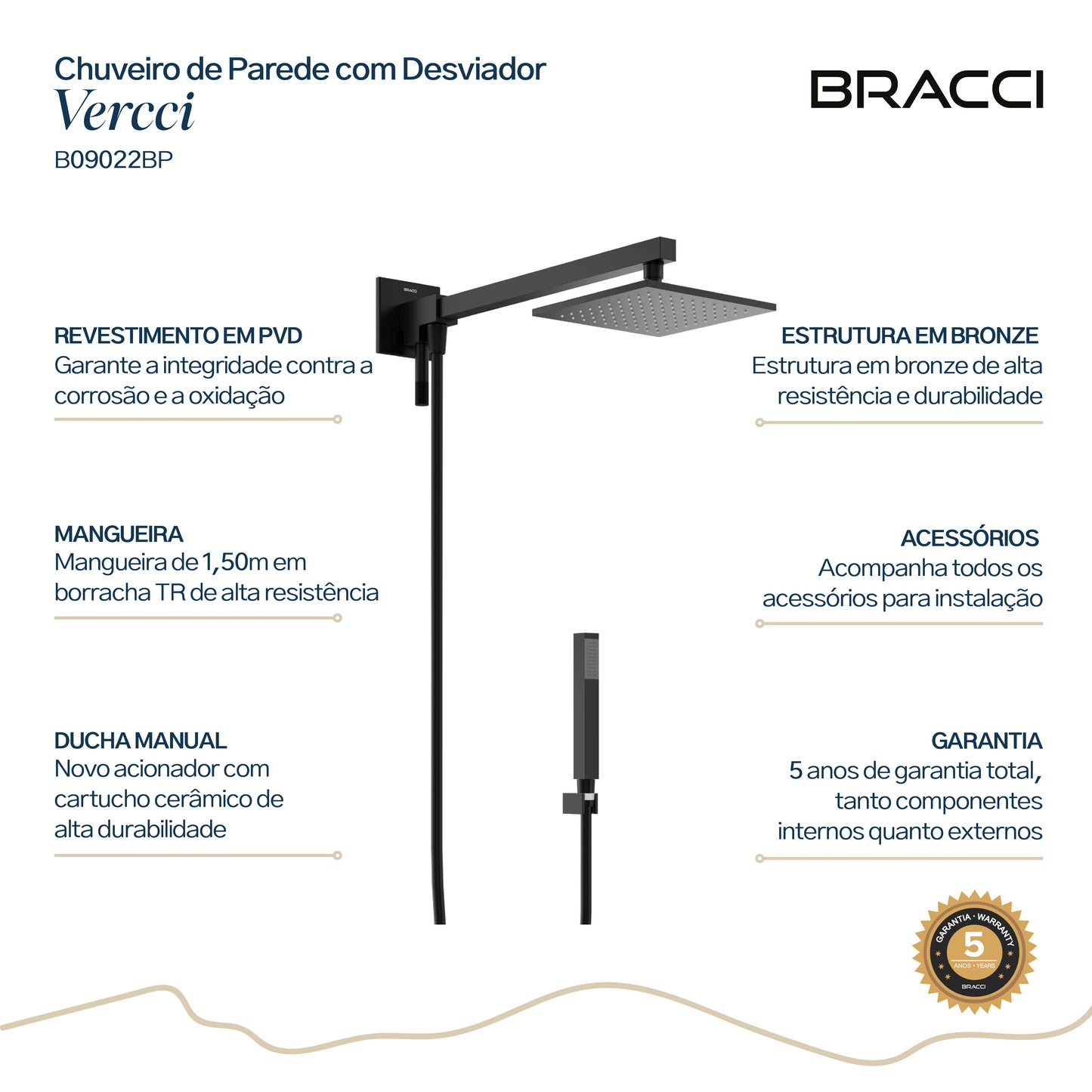 CHUVEIRO COM DESVIADOR PRETO FOSCO VERCCI PVD