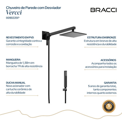 CHUVEIRO COM DESVIADOR PRETO FOSCO VERCCI PVD