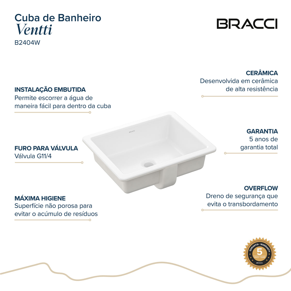 CUBA VENTTI DE EMBUTIR 50CM BRANCO BRILHO