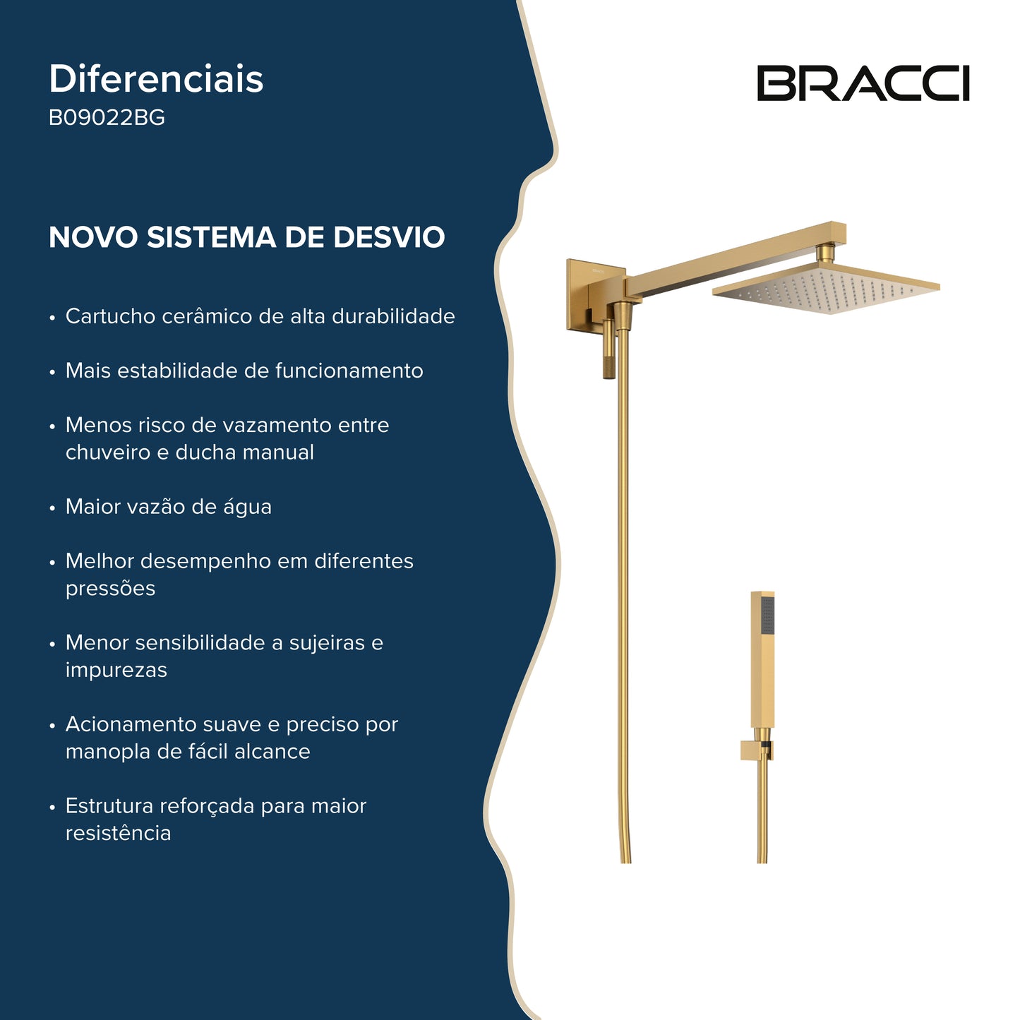 Chuveiro com Desviador Dourado Escovado Vercci