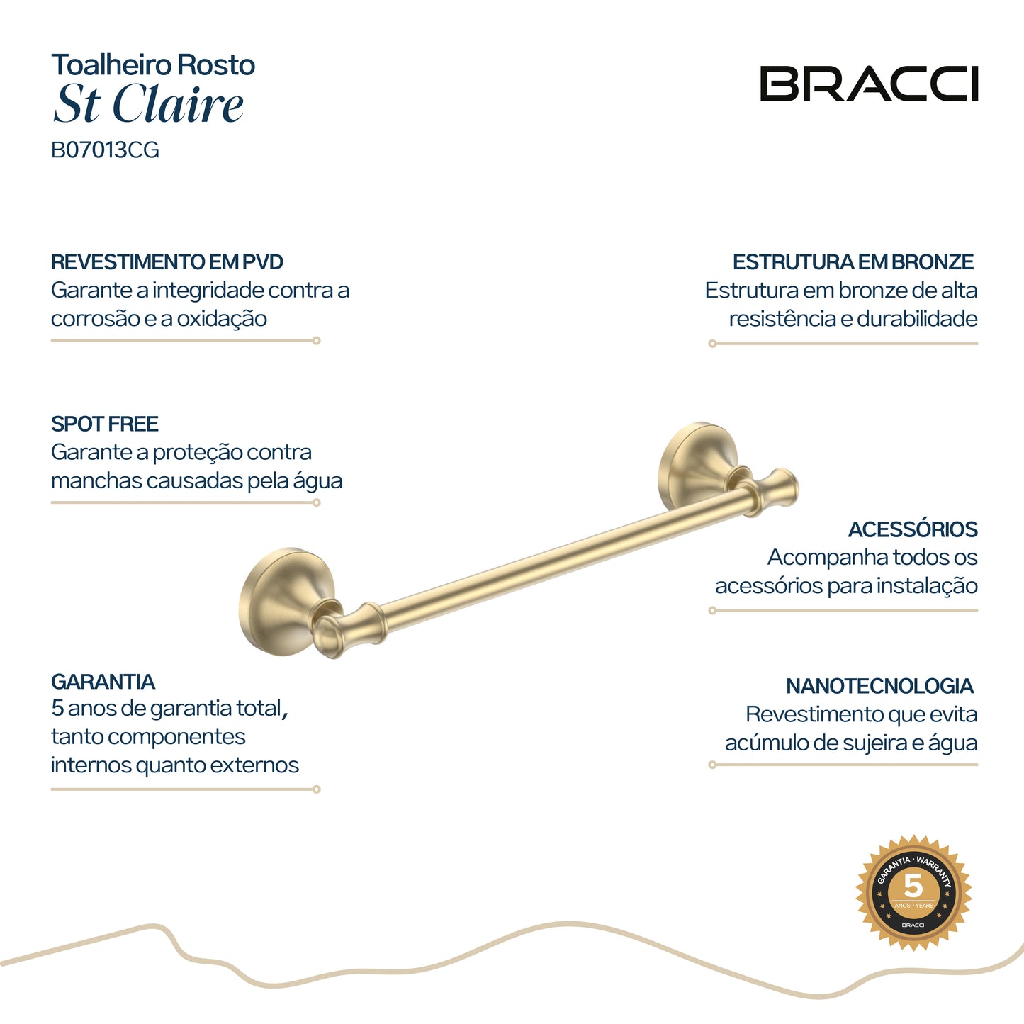 TOALHEIRO ROSTO BARRA ST CLAIRE CHAMPAGNE GOLD