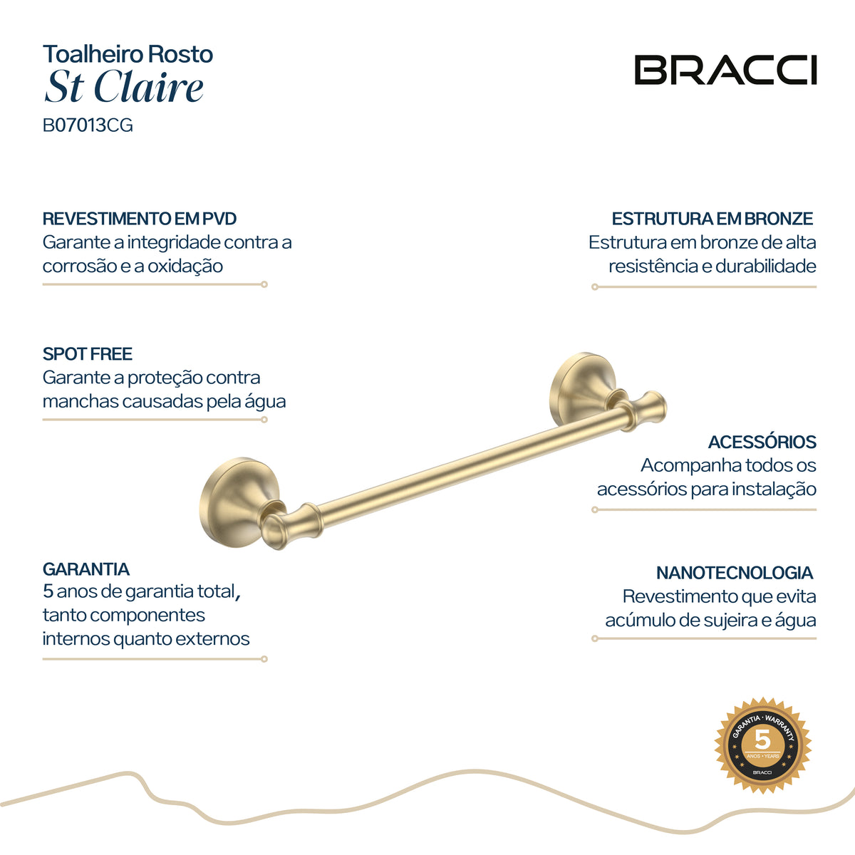 TOALHEIRO ROSTO BARRA ST CLAIRE CHAMPAGNE GOLD