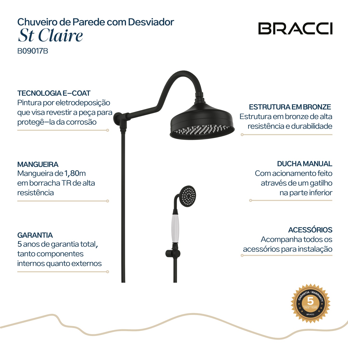 Chuveiro Clássico C Desviador Preto PVD