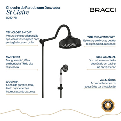 Chuveiro Clássico C Desviador Preto PVD