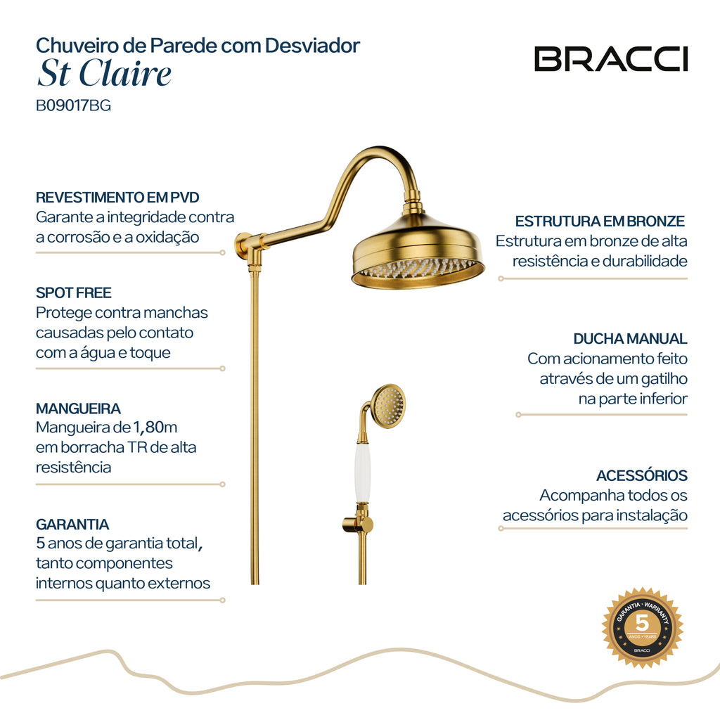 CHUVEIRO COM DESVIADOR DOURADO ESCOVADO ST CLAIRE