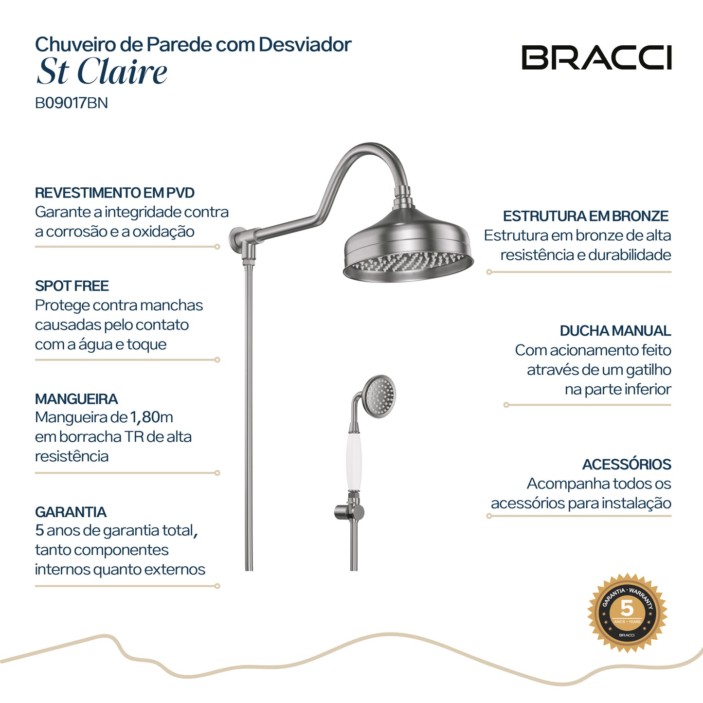 CHUVEIRO COM DESVIADOR AÇO ESCOVADO ST CLAIRE