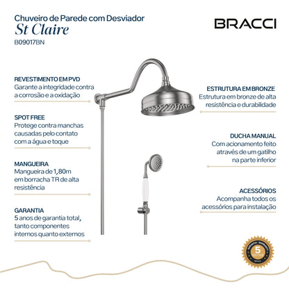 CHUVEIRO COM DESVIADOR AÇO ESCOVADO ST CLAIRE
