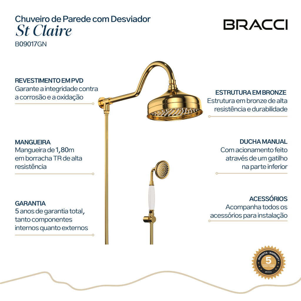 CHUVEIRO COM DESVIADOR DOURADO NANOTECNOLOGIA ST CLAIRE