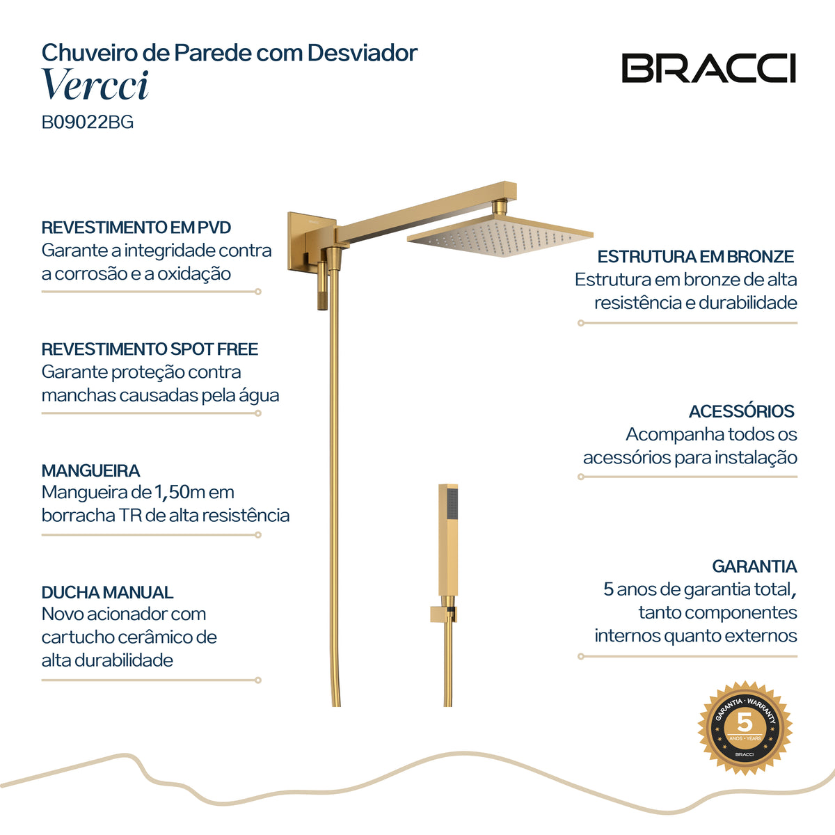 Chuveiro com Desviador Dourado Escovado Vercci