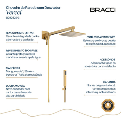 Chuveiro com Desviador Dourado Escovado Vercci