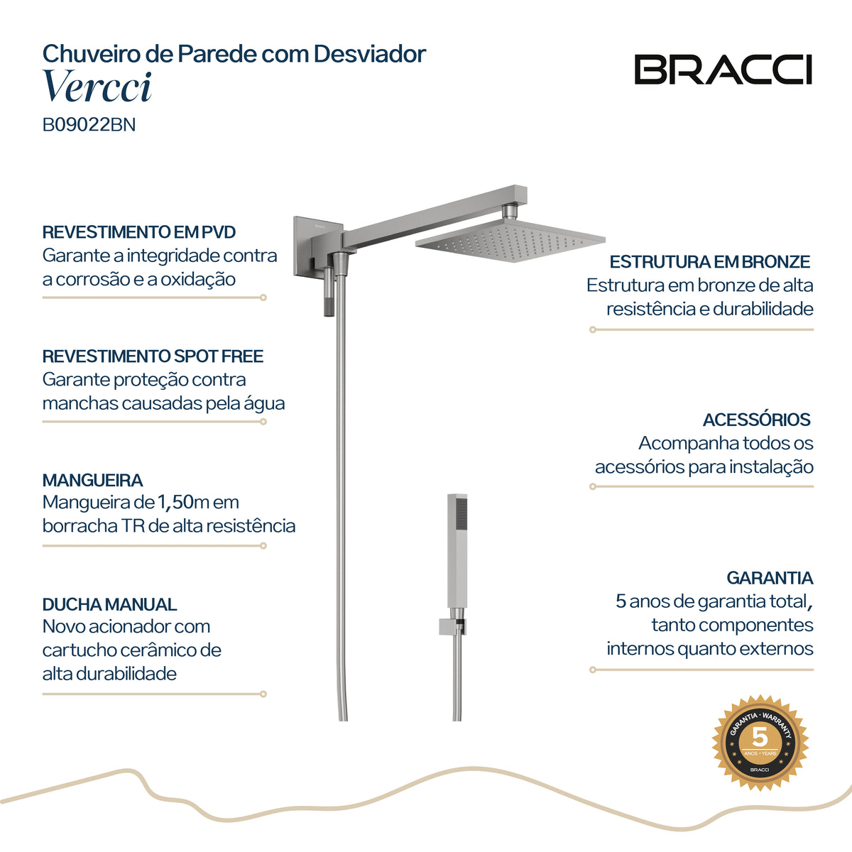 Chuveiro com Desviador Aço Escovado Vercci