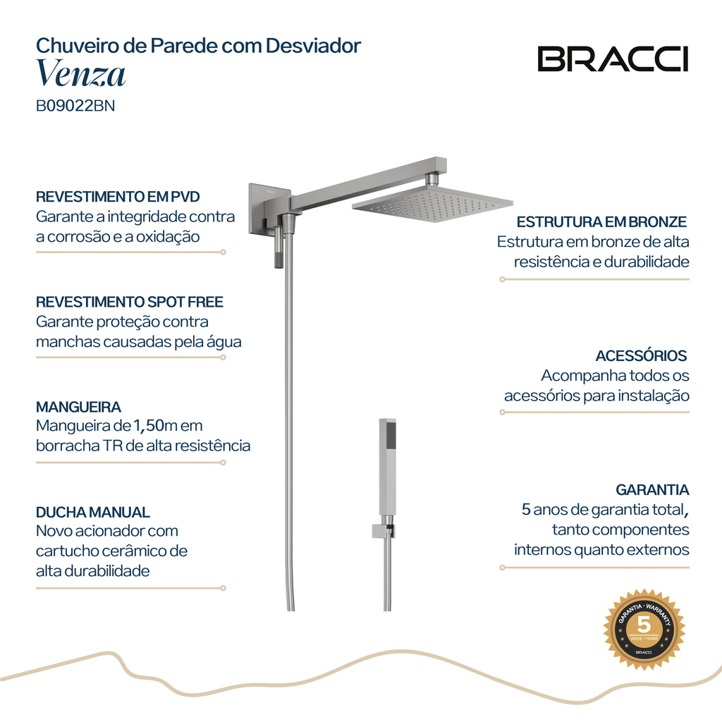 CHUVEIRO COM DESVIADOR AÇO ESCOVADO VENZA