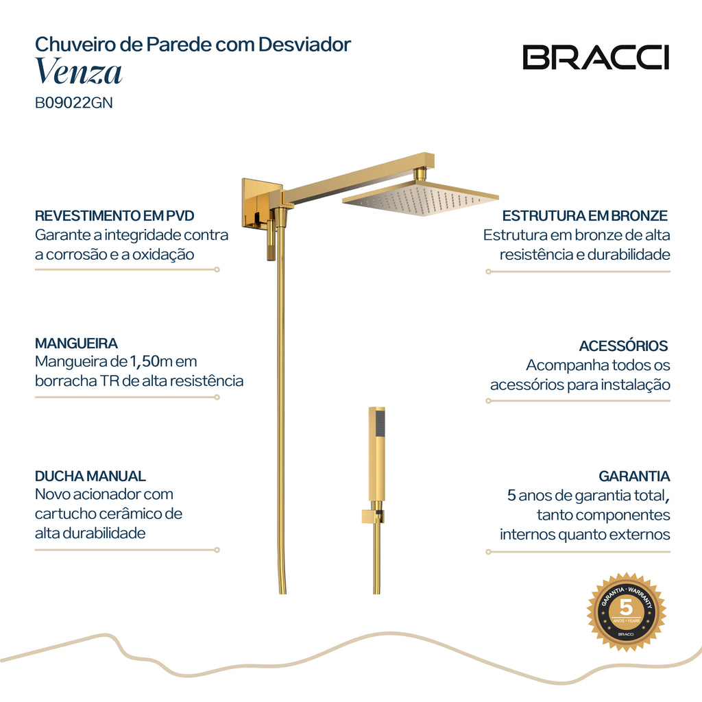 CHUVEIRO COM DESVIADOR DOURADO NANOTECNOLOGIA VENZA