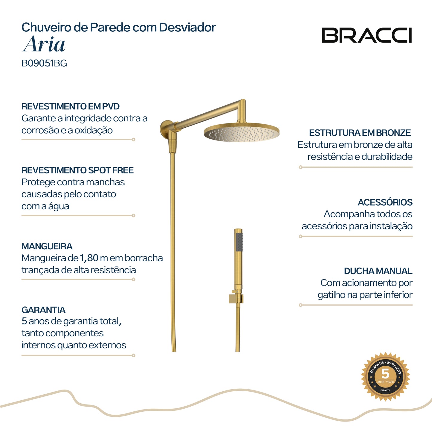 Chuveiro Parede com Desviador Aria Dourado Escovado