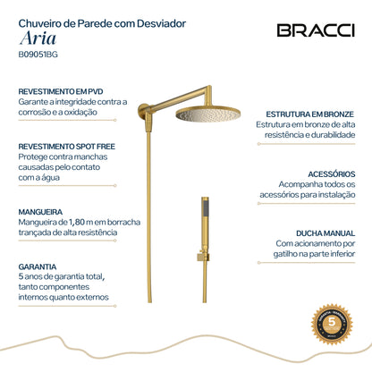 Chuveiro Parede com Desviador Aria Dourado Escovado