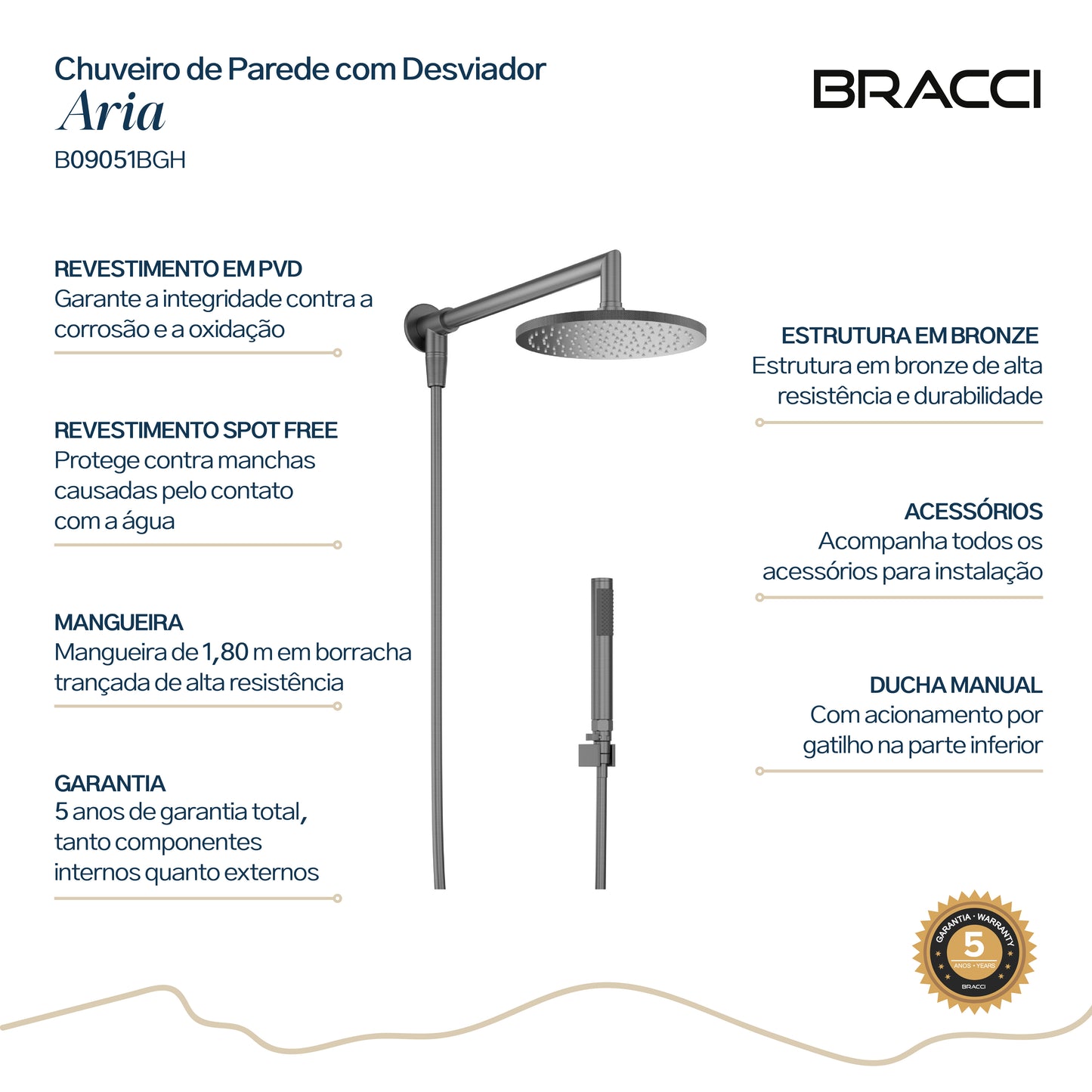 Chuveiro Parede com Desviador Aria Grafite Escovado